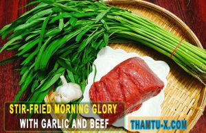 Stir-fried morning glory with garlic and beef