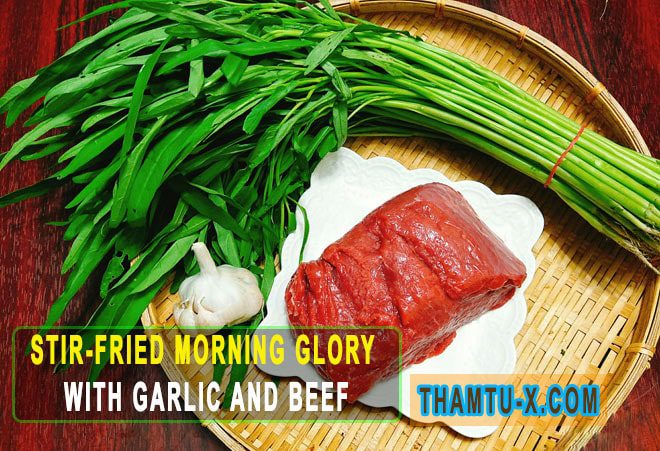 Stir-fried morning glory with garlic and beef